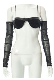 Black Sexy Solid Patchwork See-through Halter Tops