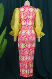 Rose Red Elegant Print Patchwork See-through O Neck One Step Skirt Dresses