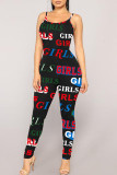 Black Street Letter Print Patchwork Spaghetti Strap Regular Jumpsuits