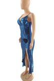 Blue Fashion Sexy Solid Patchwork Backless V Neck Sling Dress Dresses