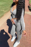 Grey Fashion Casual Solid Fold V Neck Long Sleeve Two Pieces
