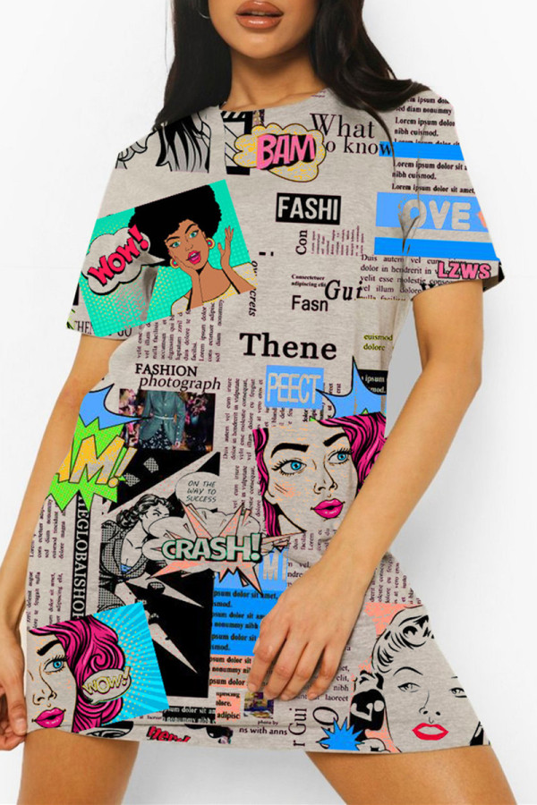 Multicolor Fashion Casual Print Basic O Neck Short Sleeve Dress Dresses