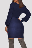 Deep Blue Fashion Casual Solid Bandage V Neck Long Sleeve Dresses
