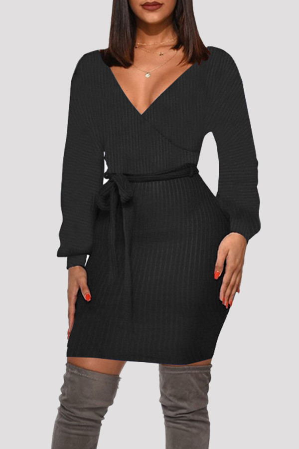 Black Fashion Casual Solid Bandage V Neck Long Sleeve Dresses