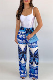 Blue Fashion Casual Print Basic Regular High Waist Trousers