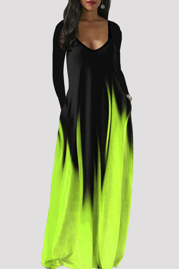 Fluorescent Green Fashion Casual Print Basic V Neck Long Sleeve Dresses