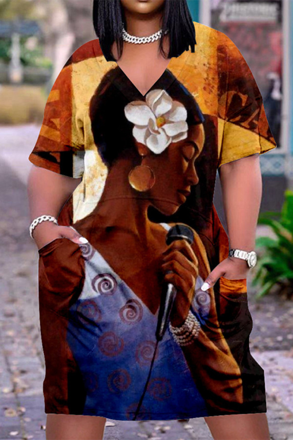 Dark Brown Fashion Casual Print Basic V Neck Short Sleeve Dress Dresses