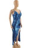 Blue Fashion Sexy Solid Patchwork Backless V Neck Sling Dress Dresses