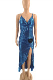 Blue Fashion Sexy Solid Patchwork Backless V Neck Sling Dress Dresses