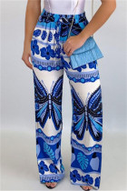 Blue Fashion Casual Print Basic Regular High Waist Trousers