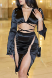 Black Sexy Solid Patchwork Turndown Collar Long Sleeve Two Pieces