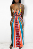 Orange Vintage Print Patchwork Spaghetti Strap Sling Dress Dresses