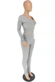 Grey Fashion Casual Solid Fold V Neck Long Sleeve Two Pieces