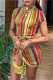 Orange Fashion Casual Striped Print Patchwork Half A Turtleneck Short Sleeve Dress