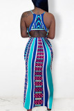 Orange Vintage Print Patchwork Spaghetti Strap Sling Dress Dresses
