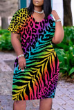 Multicolor Fashion Casual Print Basic V Neck Short Sleeve Dress Dresses