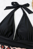 Black Sexy Print Bandage Split Joint Backless Swimwears