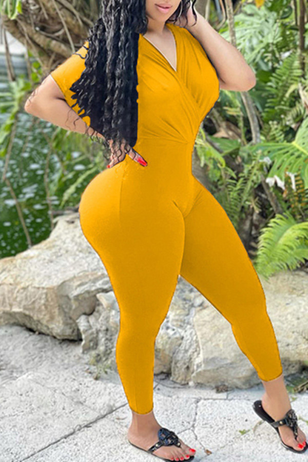 Yellow Fashion Casual Solid Basic V Neck Skinny Jumpsuits