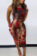 Dark Red Fashion Casual Print Basic O Neck Sleeveless Dress
