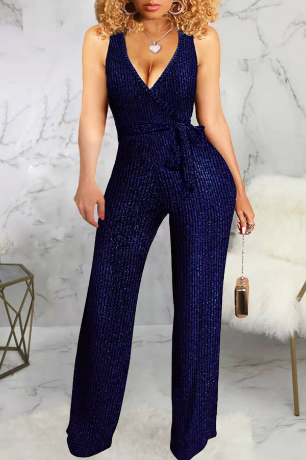 Royal Blue Fashion Casual Solid Basic V Neck Regular Jumpsuits