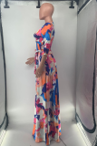 Colour Casual Print Split Joint V Neck Waist Skirt Dresses