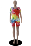 Colour Casual Patchwork Tie-dye O Neck Short Sleeve Two Pieces