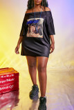 Black Casual Street Print Patchwork Off the Shoulder Dresses