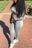 Grey Fashion Casual Solid Fold V Neck Long Sleeve Two Pieces