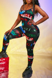 Black Street Letter Print Patchwork Spaghetti Strap Regular Jumpsuits