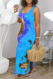 Deep Blue Casual Print Tie Dye Patchwork U Neck Straight Dresses