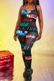 Black Street Letter Print Patchwork Spaghetti Strap Regular Jumpsuits