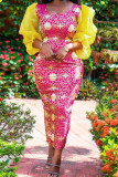 Rose Red Elegant Print Patchwork See-through O Neck One Step Skirt Dresses