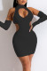 Black Sexy Solid Hollowed Out Patchwork Backless Turtleneck One Step Skirt Dresses