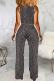 Grey Fashion Casual Solid Basic V Neck Regular Jumpsuits