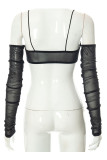 Black Sexy Solid Patchwork See-through Halter Tops