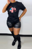 Black Casual Simplicity Print Patchwork Letter O Neck T-Shirts