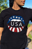 Black Fashion Casual Lips Printed Patchwork Letter O Neck T-Shirts