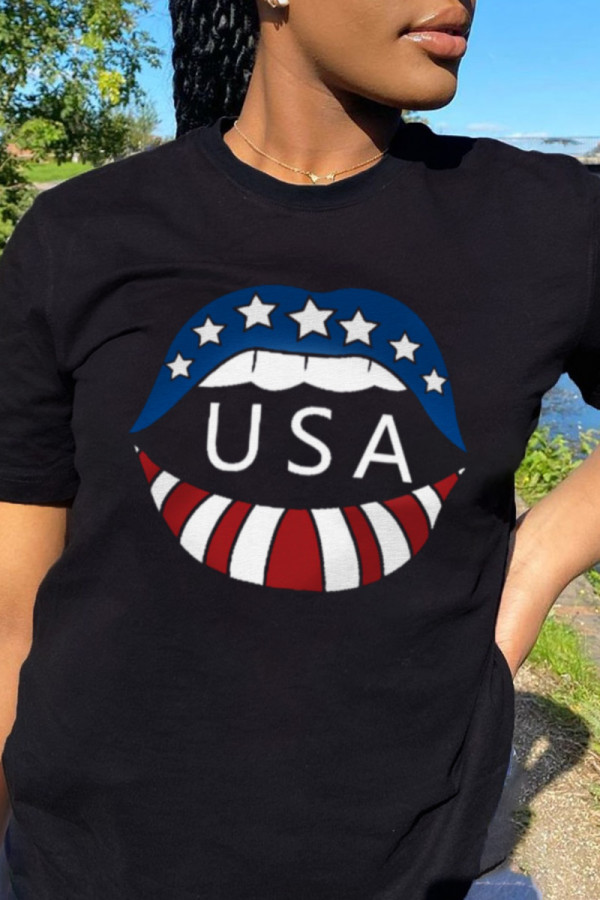 Black Fashion Casual Lips Printed Patchwork Letter O Neck T-Shirts