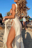 White Sexy Solid Tassel Hollowed Out Make Old Split Joint Swimwears Cover Up