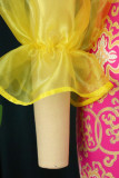 Rose Red Elegant Print Patchwork See-through O Neck One Step Skirt Dresses