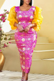 Rose Red Elegant Print Patchwork See-through O Neck One Step Skirt Dresses