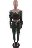 Grey Fashion Casual Solid Basic Off the Shoulder Long Sleeve Two Pieces