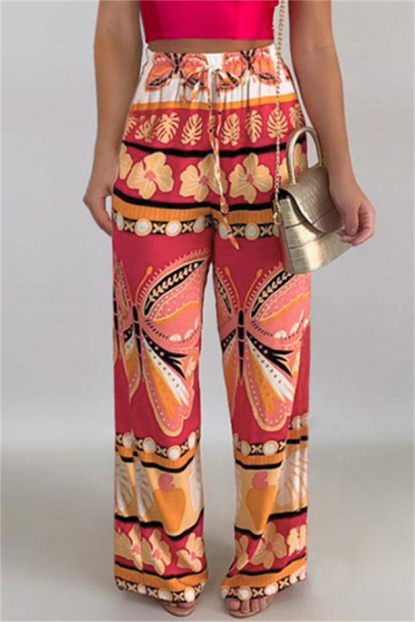 Red Fashion Casual Print Basic Regular High Waist Trousers