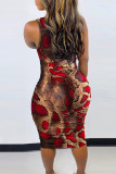 Red Fashion Casual Print Basic O Neck Sleeveless Dress