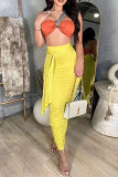 Yellow Pink Fashion Sexy Solid Split Joint Backless Strapless Sleeveless Two Pieces