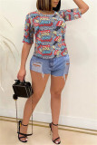 Multicolor Fashion Casual Print Basic O Neck T-Shirts