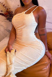 Apricot Fashion Sexy Solid Backless One Shoulder Sling Dress
