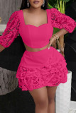 Pink Fashion Sexy Solid Patchwork Backless Square Collar Half Sleeve Two Pieces
