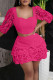 Rose Red Fashion Sexy Solid Patchwork Backless Square Collar Half Sleeve Two Pieces