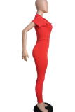 Red Casual Solid Patchwork Zipper Collar Regular Jumpsuits